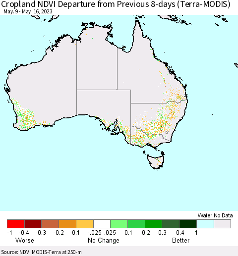 Australia Cropland NDVI Departure from Previous 8-days (Terra-MODIS) Thematic Map For 5/9/2023 - 5/16/2023