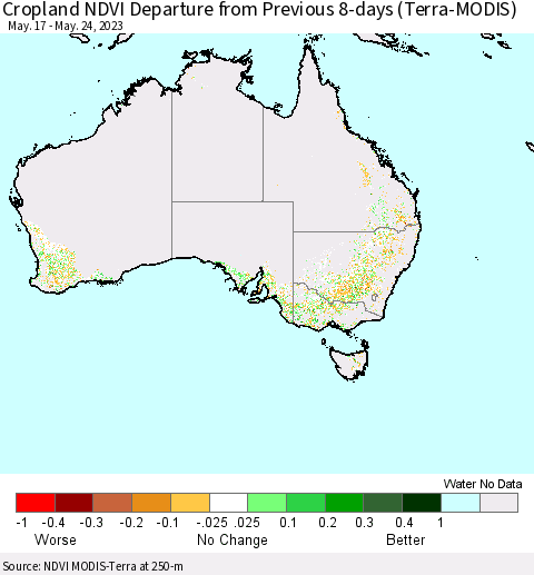Australia Cropland NDVI Departure from Previous 8-days (Terra-MODIS) Thematic Map For 5/17/2023 - 5/24/2023