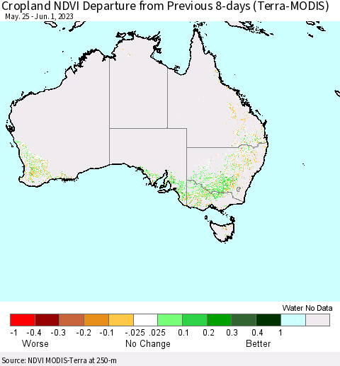 Australia Cropland NDVI Departure from Previous 8-days (Terra-MODIS) Thematic Map For 5/25/2023 - 6/1/2023