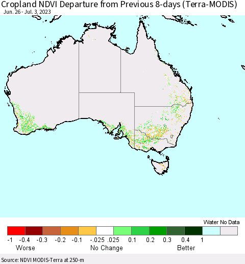 Australia Cropland NDVI Departure from Previous 8-days (Terra-MODIS) Thematic Map For 6/26/2023 - 7/3/2023