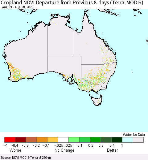 Australia Cropland NDVI Departure from Previous 8-days (Terra-MODIS) Thematic Map For 8/21/2023 - 8/28/2023