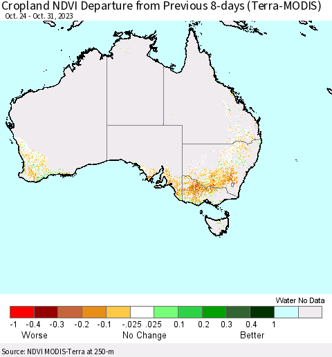 Australia Cropland NDVI Departure from Previous 8-days (Terra-MODIS) Thematic Map For 10/24/2023 - 10/31/2023