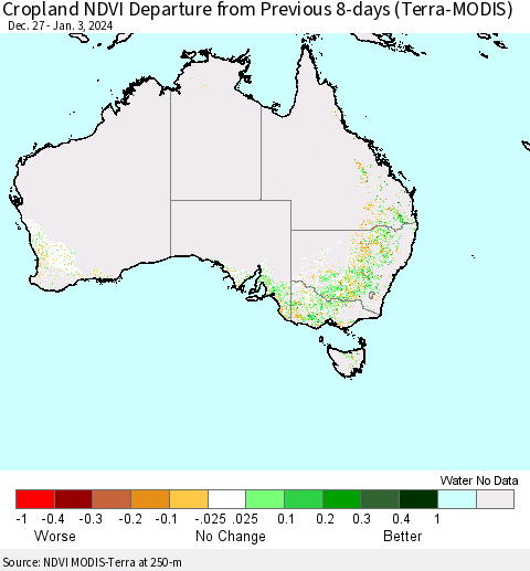 Australia Cropland NDVI Departure from Previous 8-days (Terra-MODIS) Thematic Map For 12/27/2023 - 1/3/2024