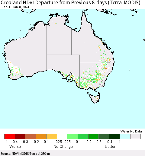 Australia Cropland NDVI Departure from Previous 8-days (Terra-MODIS) Thematic Map For 1/1/2024 - 1/8/2024