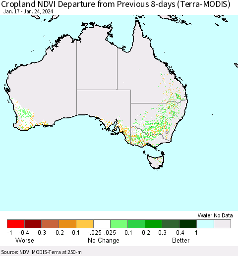 Australia Cropland NDVI Departure from Previous 8-days (Terra-MODIS) Thematic Map For 1/17/2024 - 1/24/2024