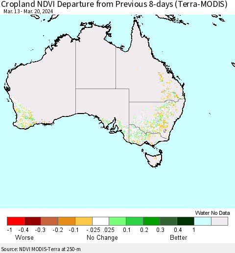 Australia Cropland NDVI Departure from Previous 8-days (Terra-MODIS) Thematic Map For 3/13/2024 - 3/20/2024