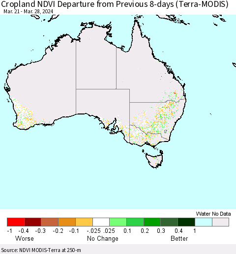 Australia Cropland NDVI Departure from Previous 8-days (Terra-MODIS) Thematic Map For 3/21/2024 - 3/28/2024
