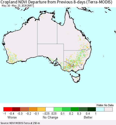 Australia Cropland NDVI Departure from Previous 8-days (Terra-MODIS) Thematic Map For 5/16/2024 - 5/23/2024
