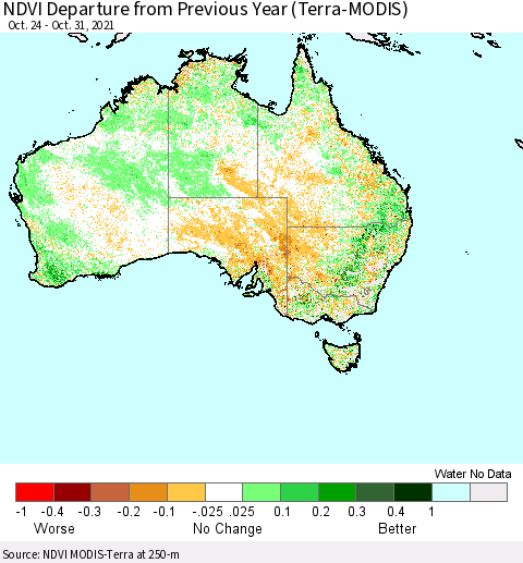 Australia NDVI Departure from Previous Year (Terra-MODIS) Thematic Map For 10/24/2021 - 10/31/2021