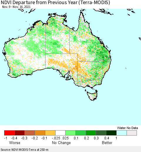 Australia NDVI Departure from Previous Year (Terra-MODIS) Thematic Map For 11/9/2021 - 11/16/2021