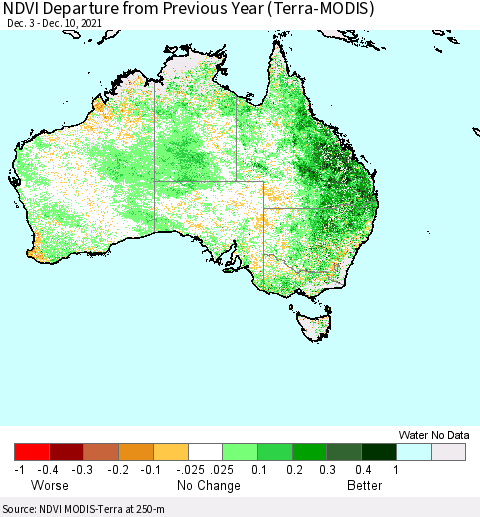 Australia NDVI Departure from Previous Year (Terra-MODIS) Thematic Map For 12/3/2021 - 12/10/2021