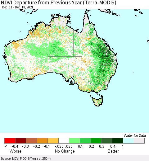 Australia NDVI Departure from Previous Year (Terra-MODIS) Thematic Map For 12/11/2021 - 12/18/2021
