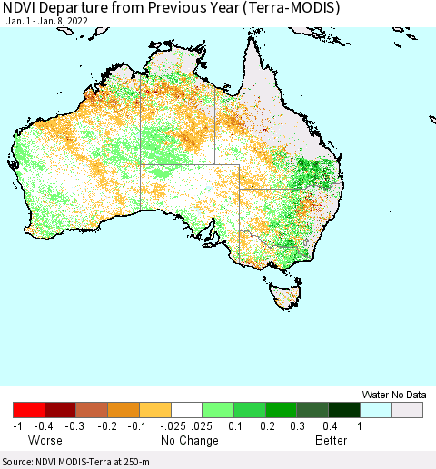 Australia NDVI Departure from Previous Year (Terra-MODIS) Thematic Map For 1/1/2022 - 1/8/2022