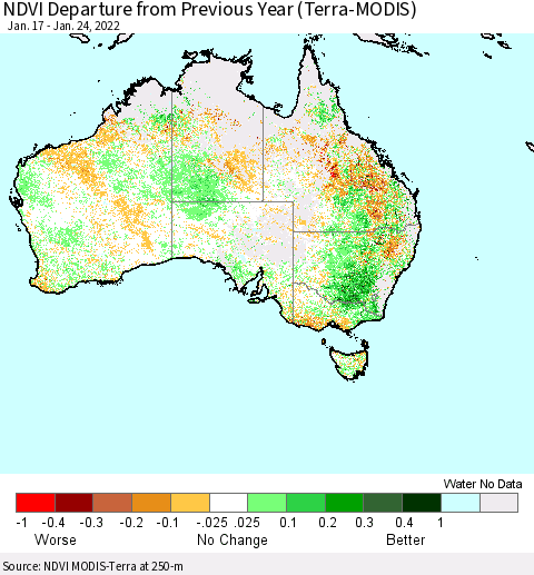 Australia NDVI Departure from Previous Year (Terra-MODIS) Thematic Map For 1/17/2022 - 1/24/2022