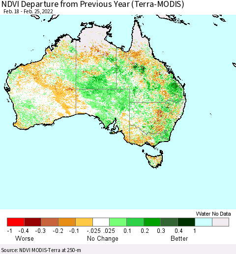 Australia NDVI Departure from Previous Year (Terra-MODIS) Thematic Map For 2/18/2022 - 2/25/2022