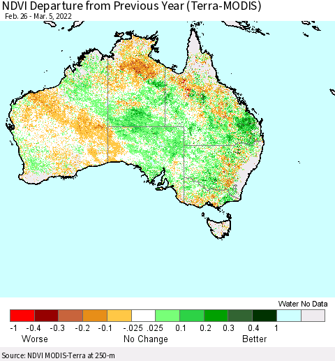 Australia NDVI Departure from Previous Year (Terra-MODIS) Thematic Map For 2/26/2022 - 3/5/2022