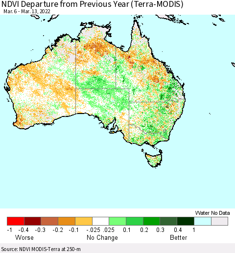Australia NDVI Departure from Previous Year (Terra-MODIS) Thematic Map For 3/6/2022 - 3/13/2022