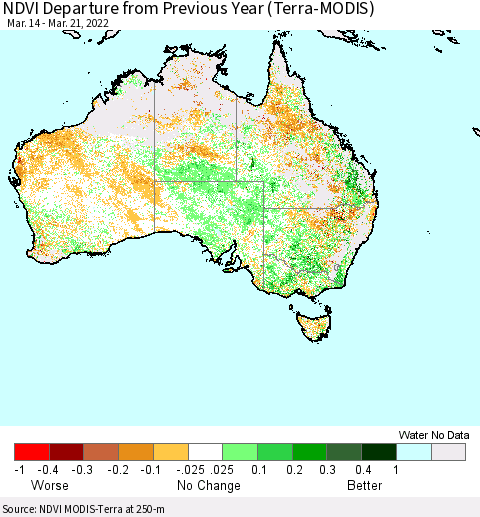 Australia NDVI Departure from Previous Year (Terra-MODIS) Thematic Map For 3/14/2022 - 3/21/2022