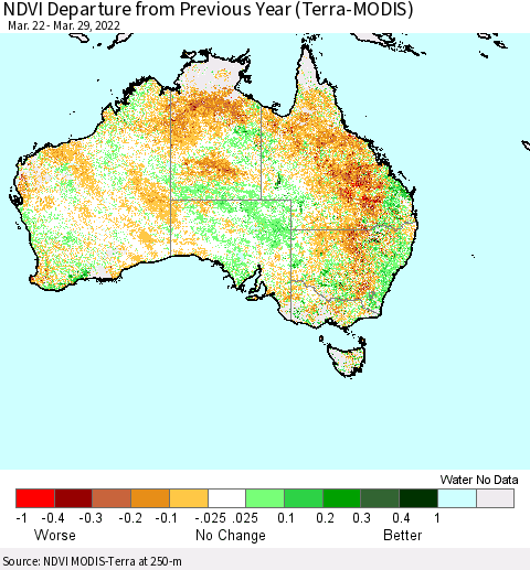 Australia NDVI Departure from Previous Year (Terra-MODIS) Thematic Map For 3/22/2022 - 3/29/2022