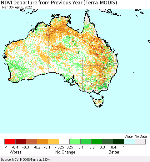 Australia NDVI Departure from Previous Year (Terra-MODIS) Thematic Map For 3/30/2022 - 4/6/2022