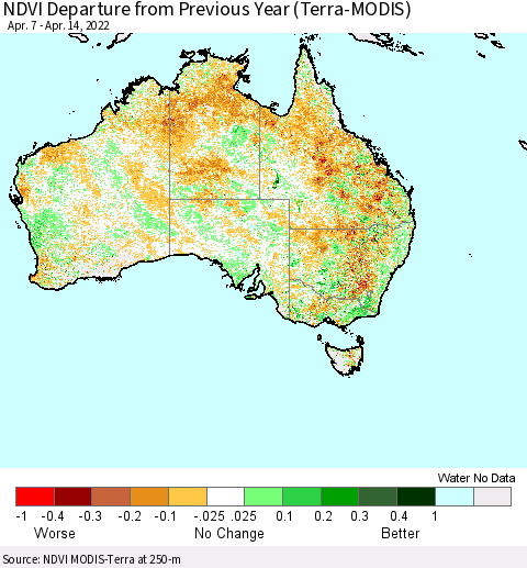 Australia NDVI Departure from Previous Year (Terra-MODIS) Thematic Map For 4/7/2022 - 4/14/2022
