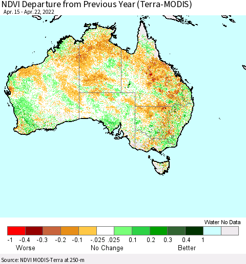 Australia NDVI Departure from Previous Year (Terra-MODIS) Thematic Map For 4/15/2022 - 4/22/2022