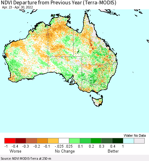 Australia NDVI Departure from Previous Year (Terra-MODIS) Thematic Map For 4/23/2022 - 4/30/2022