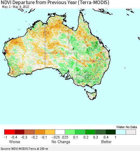 Australia NDVI Departure from Previous Year (Terra-MODIS) Thematic Map For 5/1/2022 - 5/8/2022