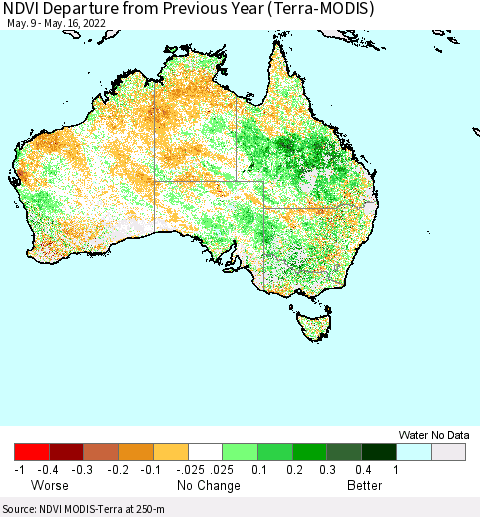 Australia NDVI Departure from Previous Year (Terra-MODIS) Thematic Map For 5/9/2022 - 5/16/2022