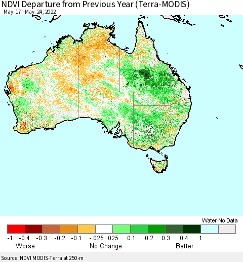 Australia NDVI Departure from Previous Year (Terra-MODIS) Thematic Map For 5/17/2022 - 5/24/2022