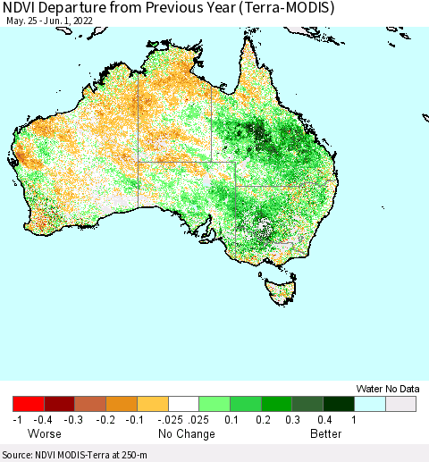 Australia NDVI Departure from Previous Year (Terra-MODIS) Thematic Map For 5/25/2022 - 6/1/2022
