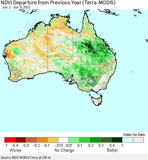 Australia NDVI Departure from Previous Year (Terra-MODIS) Thematic Map For 6/2/2022 - 6/9/2022