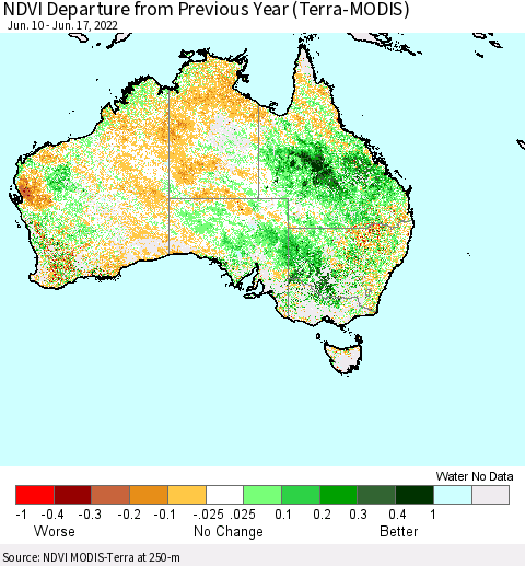 Australia NDVI Departure from Previous Year (Terra-MODIS) Thematic Map For 6/10/2022 - 6/17/2022