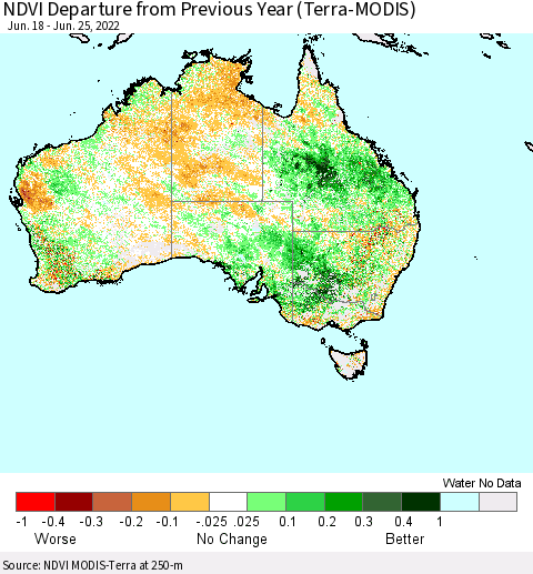 Australia NDVI Departure from Previous Year (Terra-MODIS) Thematic Map For 6/18/2022 - 6/25/2022