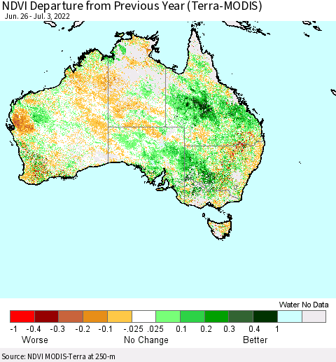 Australia NDVI Departure from Previous Year (Terra-MODIS) Thematic Map For 6/26/2022 - 7/3/2022