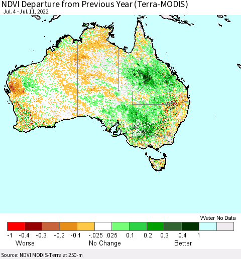 Australia NDVI Departure from Previous Year (Terra-MODIS) Thematic Map For 7/4/2022 - 7/11/2022