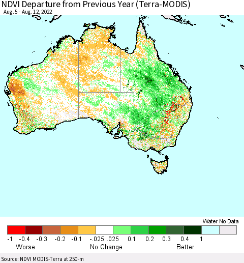 Australia NDVI Departure from Previous Year (Terra-MODIS) Thematic Map For 8/5/2022 - 8/12/2022