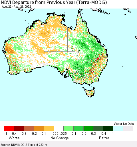 Australia NDVI Departure from Previous Year (Terra-MODIS) Thematic Map For 8/21/2022 - 8/28/2022