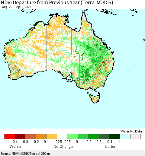 Australia NDVI Departure from Previous Year (Terra-MODIS) Thematic Map For 8/29/2022 - 9/5/2022