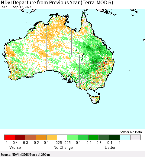 Australia NDVI Departure from Previous Year (Terra-MODIS) Thematic Map For 9/6/2022 - 9/13/2022