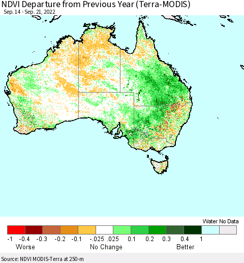 Australia NDVI Departure from Previous Year (Terra-MODIS) Thematic Map For 9/14/2022 - 9/21/2022