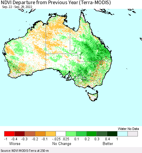 Australia NDVI Departure from Previous Year (Terra-MODIS) Thematic Map For 9/22/2022 - 9/29/2022
