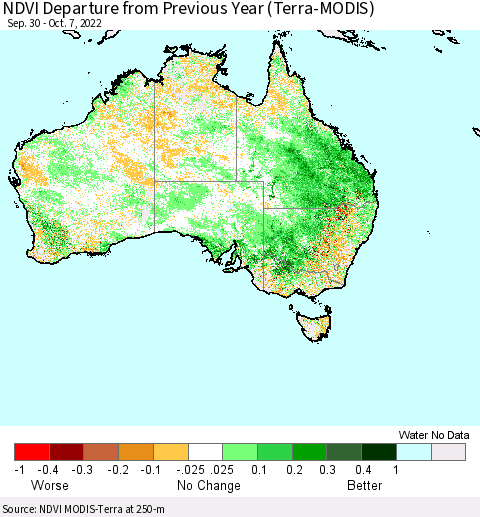 Australia NDVI Departure from Previous Year (Terra-MODIS) Thematic Map For 9/30/2022 - 10/7/2022