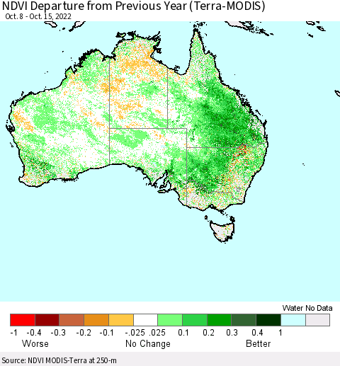 Australia NDVI Departure from Previous Year (Terra-MODIS) Thematic Map For 10/8/2022 - 10/15/2022
