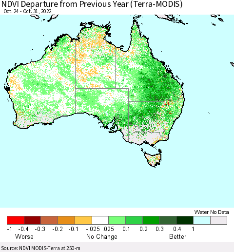 Australia NDVI Departure from Previous Year (Terra-MODIS) Thematic Map For 10/24/2022 - 10/31/2022
