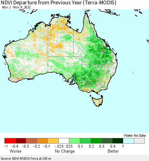 Australia NDVI Departure from Previous Year (Terra-MODIS) Thematic Map For 11/1/2022 - 11/8/2022