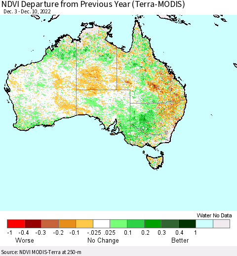 Australia NDVI Departure from Previous Year (Terra-MODIS) Thematic Map For 12/3/2022 - 12/10/2022