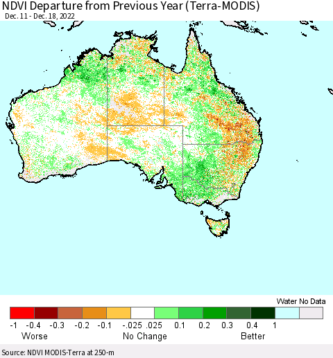 Australia NDVI Departure from Previous Year (Terra-MODIS) Thematic Map For 12/11/2022 - 12/18/2022