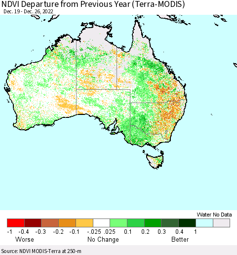 Australia NDVI Departure from Previous Year (Terra-MODIS) Thematic Map For 12/19/2022 - 12/26/2022