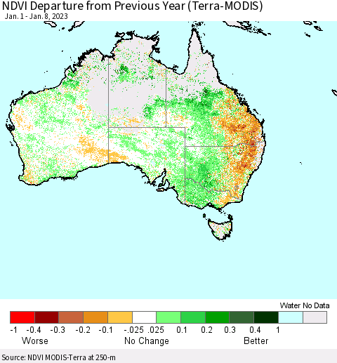 Australia NDVI Departure from Previous Year (Terra-MODIS) Thematic Map For 1/1/2023 - 1/8/2023